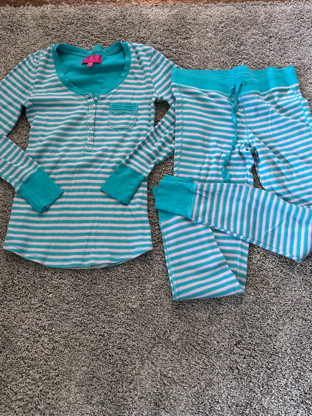 Victorias Secret Teal White Sparkle Striped Thermal Pajama Set Womens Size M